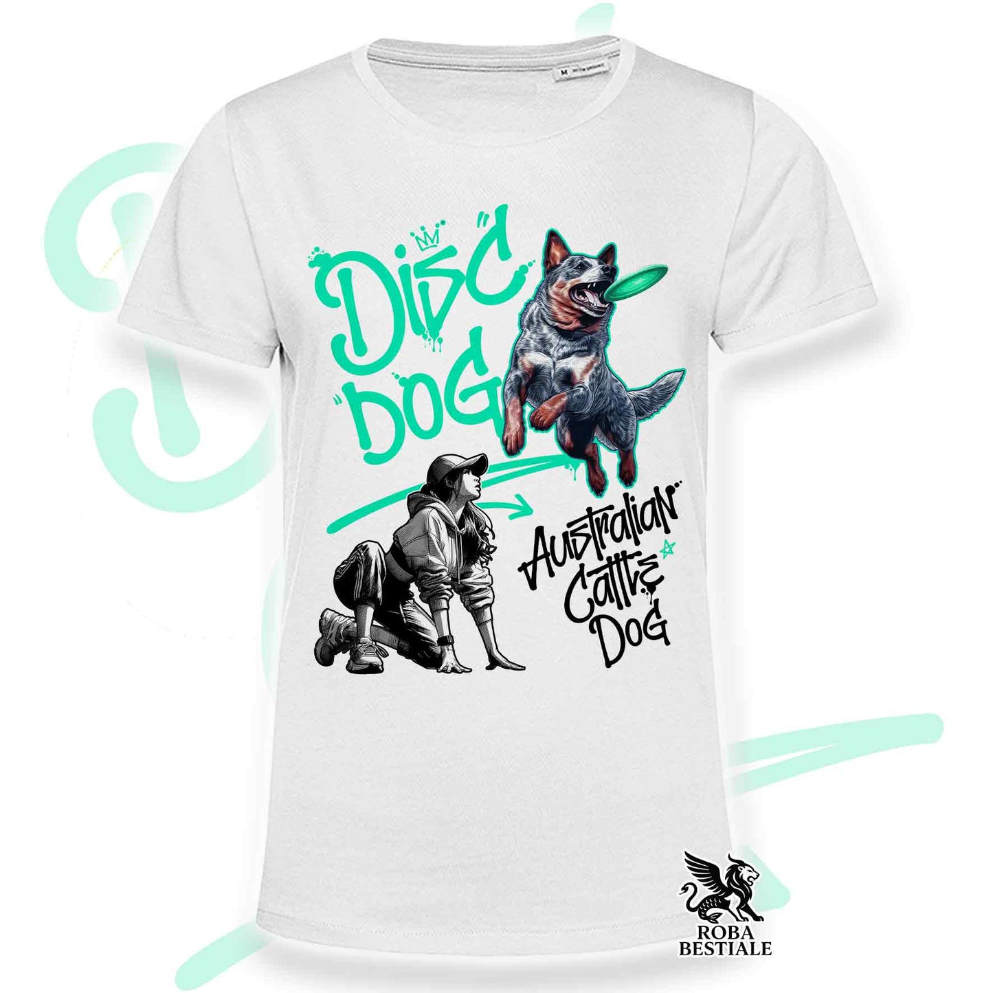 T-Shirt DISC DOG Graffiti "GIRL" - AUSTRALIAN CATTLE DOG Blue - Bianca, colore dettagli a scelta - dalla XS alla 5XL