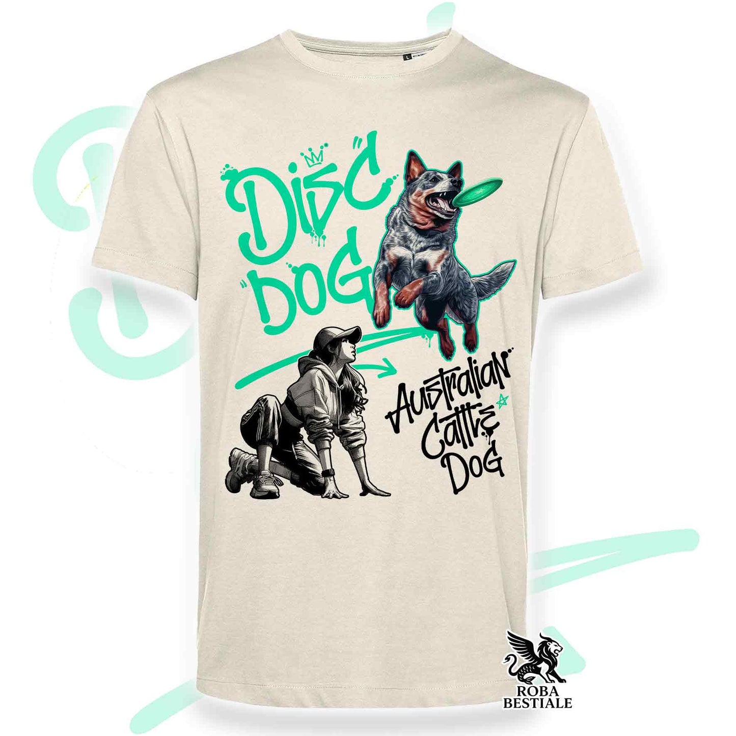 T-Shirt DISC DOG Graffiti "GIRL" - AUSTRALIAN CATTLE DOG Blue - Off White, colore dettagli a scelta - dalla XS alla 2XL