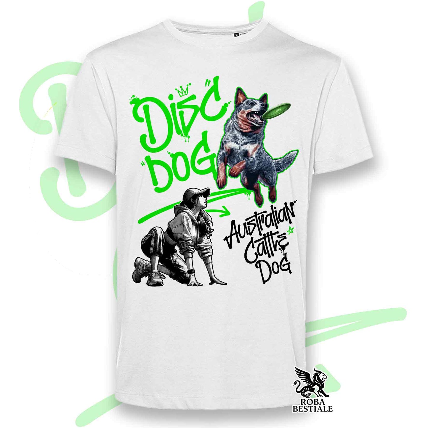 T-Shirt DISC DOG Graffiti "GIRL" - AUSTRALIAN CATTLE DOG Blue - Bianca, colore dettagli a scelta - dalla XS alla 5XL