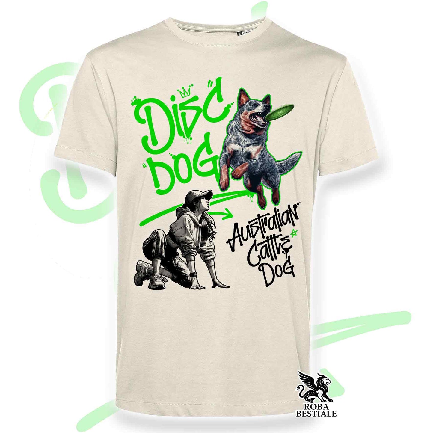 T-Shirt DISC DOG Graffiti "GIRL" - AUSTRALIAN CATTLE DOG Blue - Off White, colore dettagli a scelta - dalla XS alla 2XL