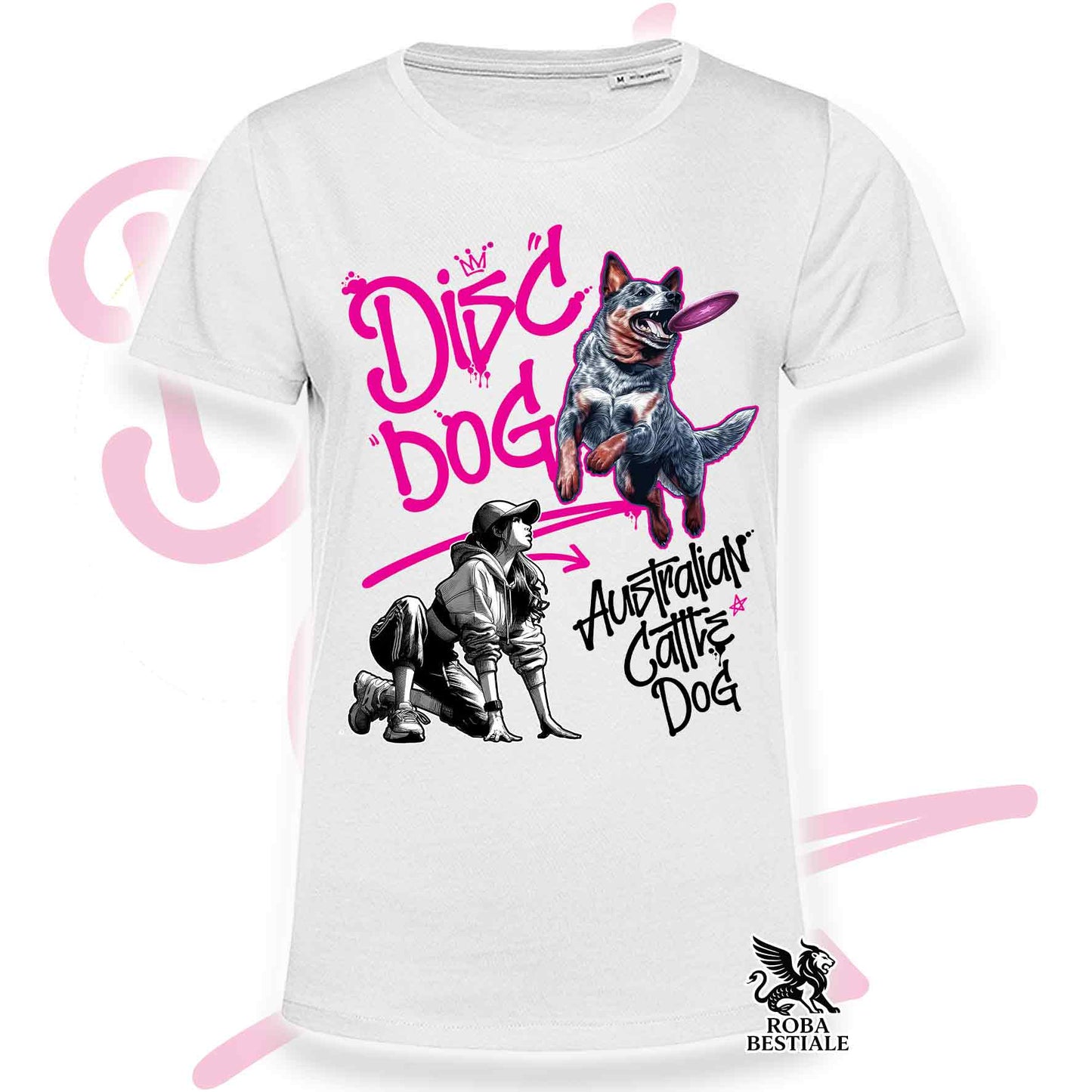 T-Shirt DISC DOG Graffiti "GIRL" - AUSTRALIAN CATTLE DOG Blue - Bianca, colore dettagli a scelta - dalla XS alla 5XL