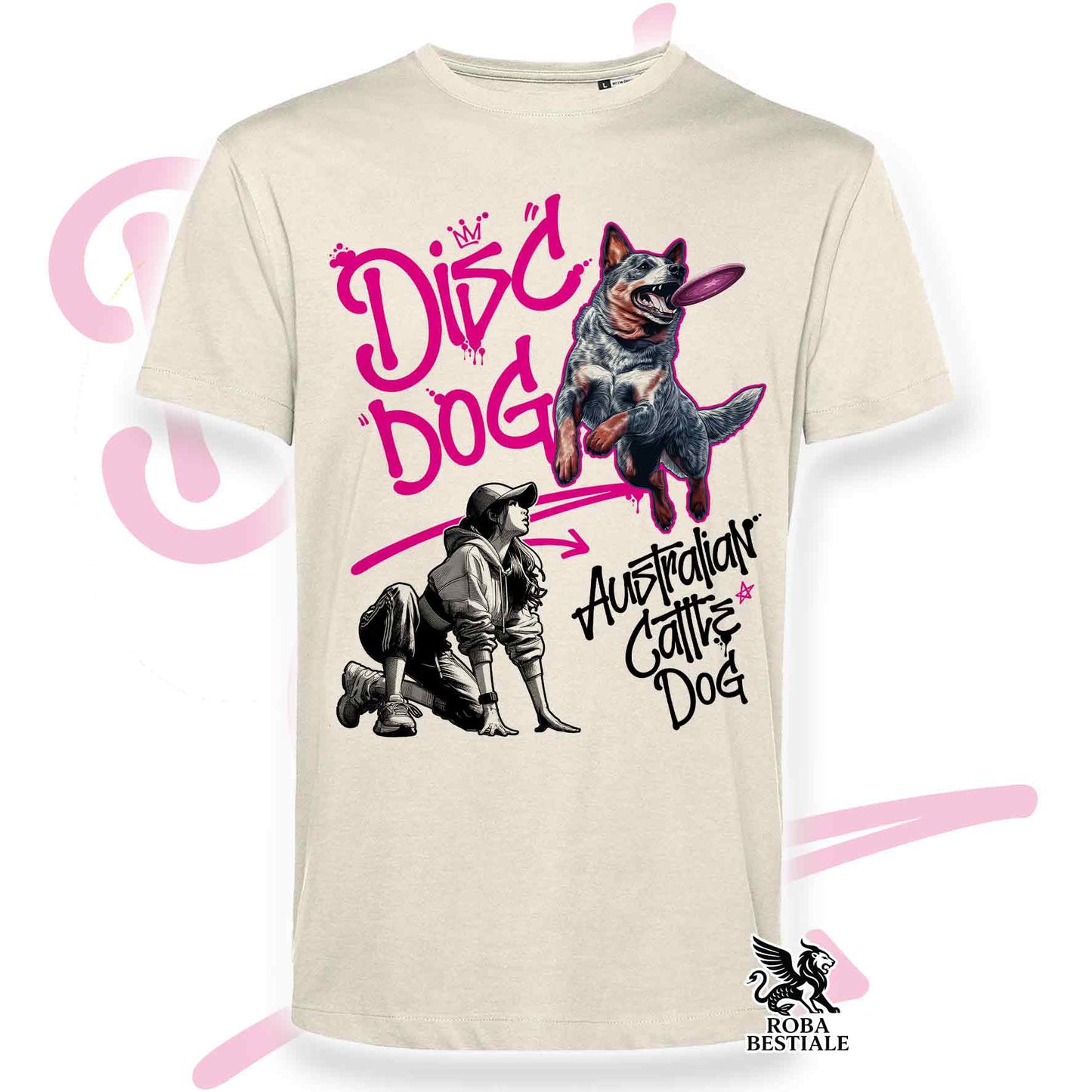 T-Shirt DISC DOG Graffiti "GIRL" - AUSTRALIAN CATTLE DOG Blue - Off White, colore dettagli a scelta - dalla XS alla 2XL