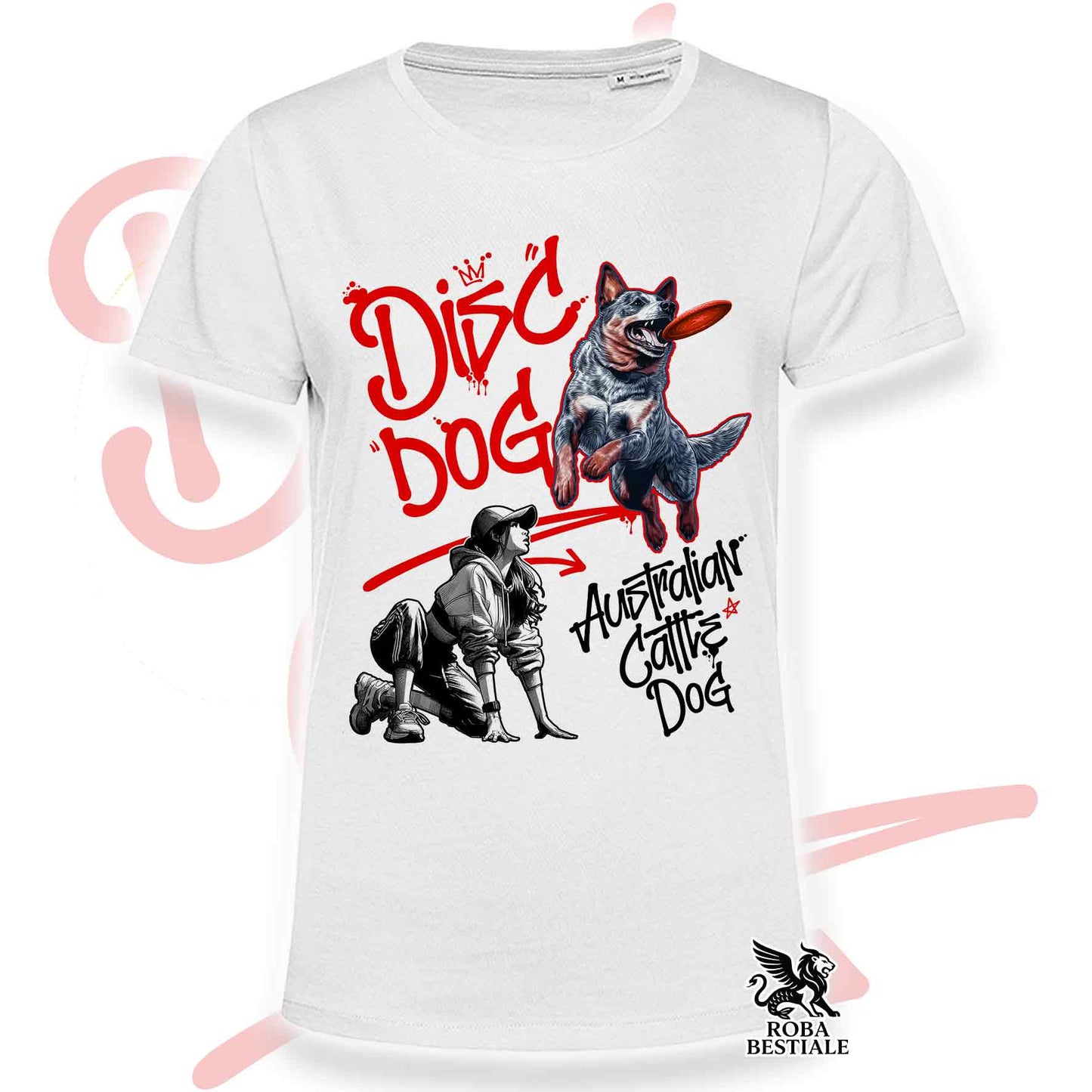 T-Shirt DISC DOG Graffiti "GIRL" - AUSTRALIAN CATTLE DOG Blue - Bianca, colore dettagli a scelta - dalla XS alla 5XL