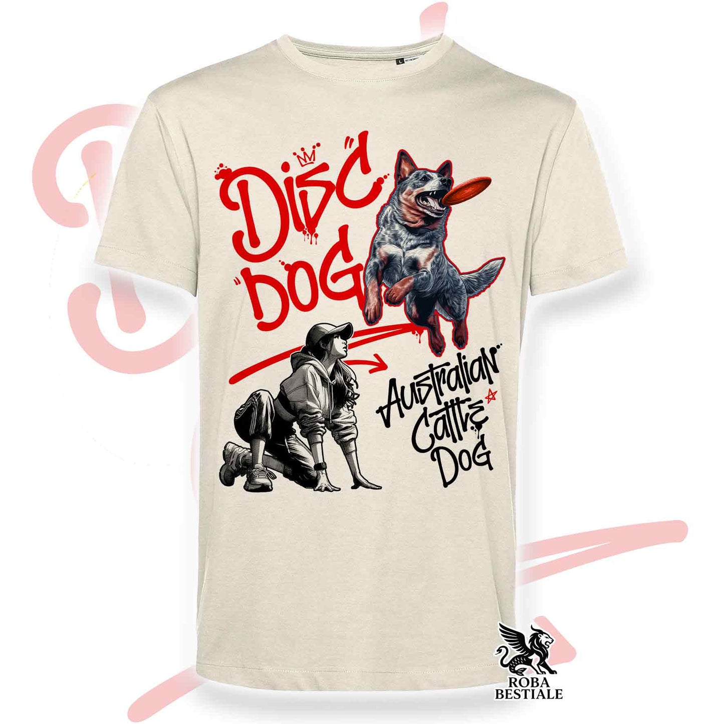 T-Shirt DISC DOG Graffiti "GIRL" - AUSTRALIAN CATTLE DOG Blue - Off White, colore dettagli a scelta - dalla XS alla 2XL