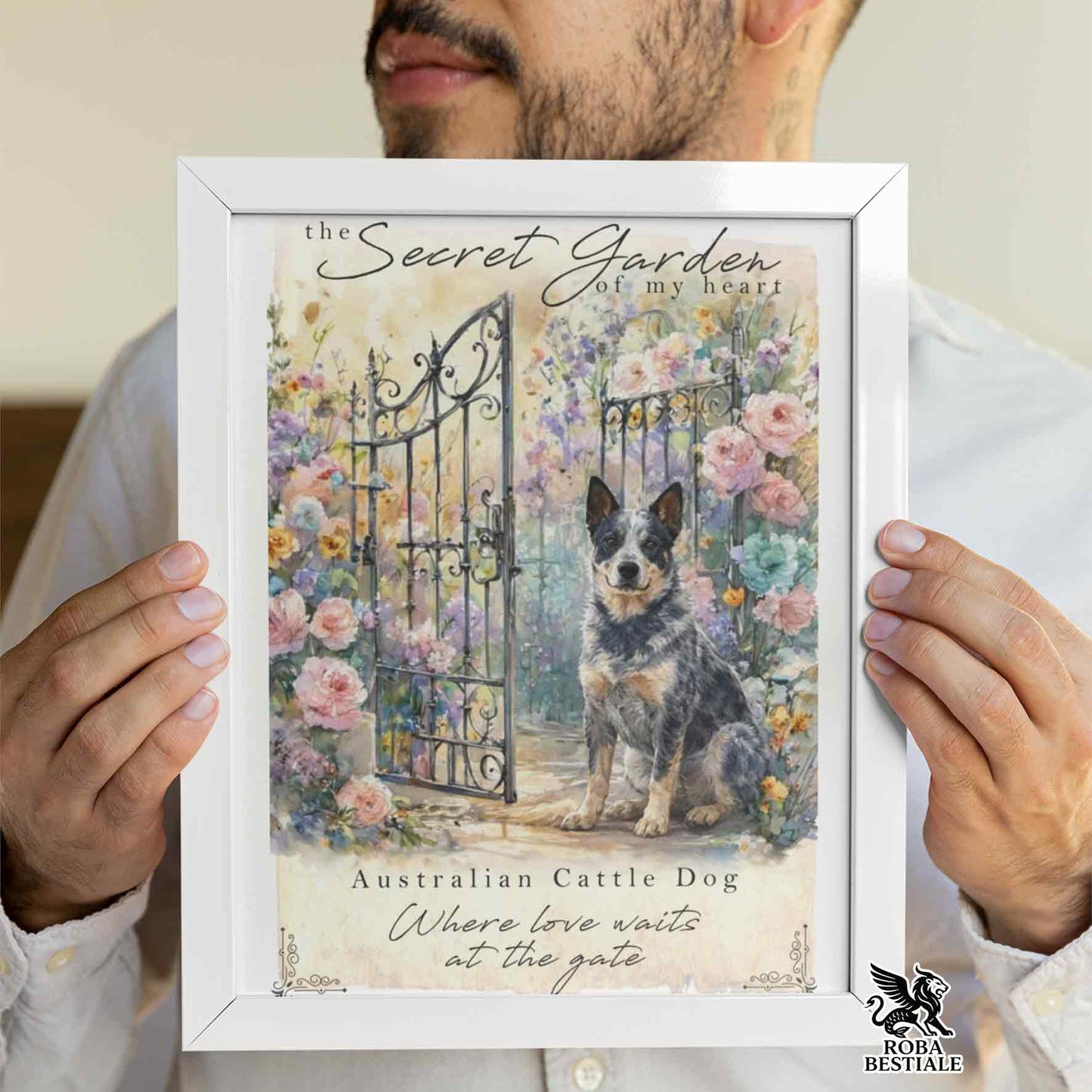 Quadretto SECRET GARDEN - AUSTRALIAN CATTLE DOG Blue - Con cornice in legno, formato A4