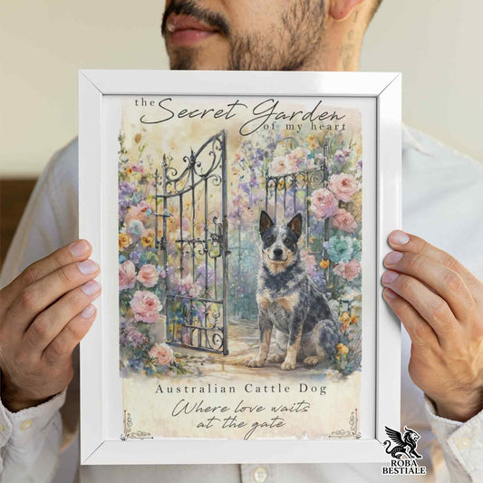 Quadretto SECRET GARDEN - AUSTRALIAN CATTLE DOG Blue - Con cornice in legno, formato A4