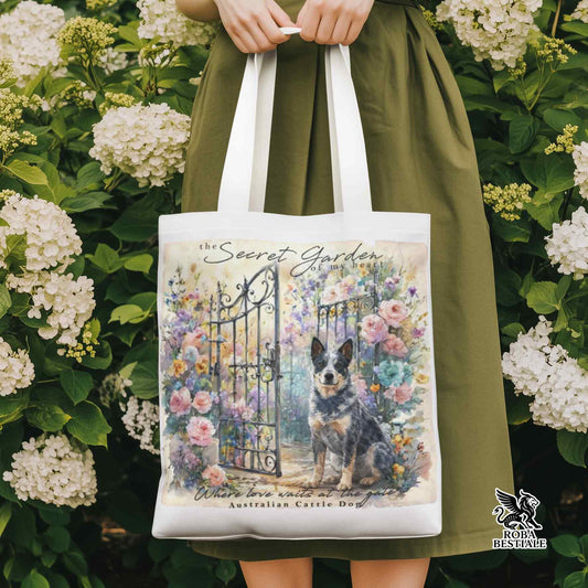 Tote Bag SECRET GARDEN - AUSTRALIAN CATTLE DOG Blue - 100% Cotone - Bianca o Beige