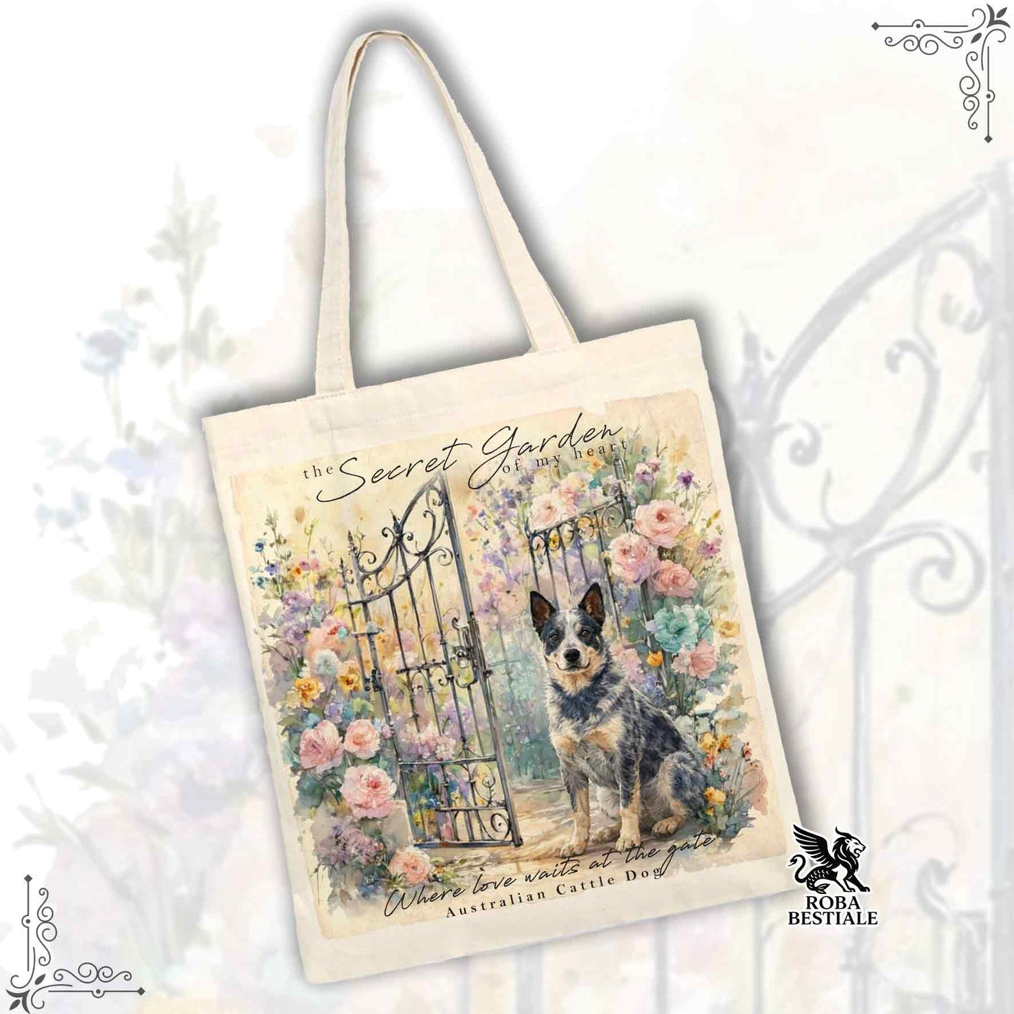 Tote Bag SECRET GARDEN - AUSTRALIAN CATTLE DOG Blue - 100% Cotone - Bianca o Beige