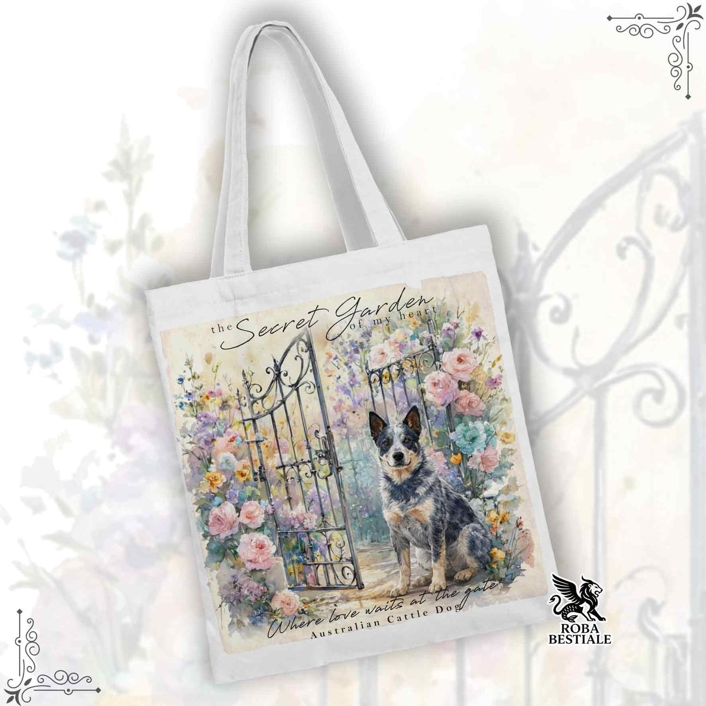 Tote Bag SECRET GARDEN - AUSTRALIAN CATTLE DOG Blue - 100% Cotone - Bianca o Beige