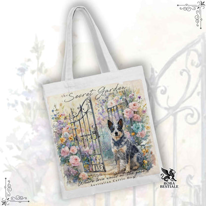 Tote Bag SECRET GARDEN - AUSTRALIAN CATTLE DOG Blue - 100% Cotone - Bianca o Beige