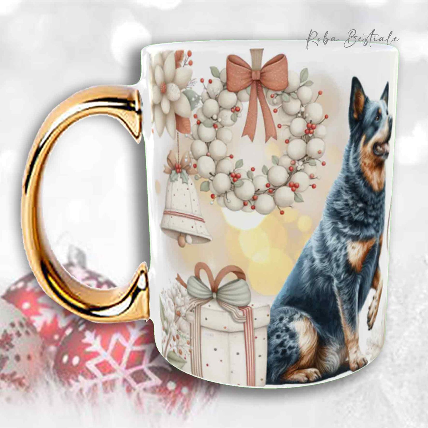 Tazza COZY WINTER - AUSTRALIAN CATTLE DOG Blue - In Ceramica, con manico color Oro - 330 ml
