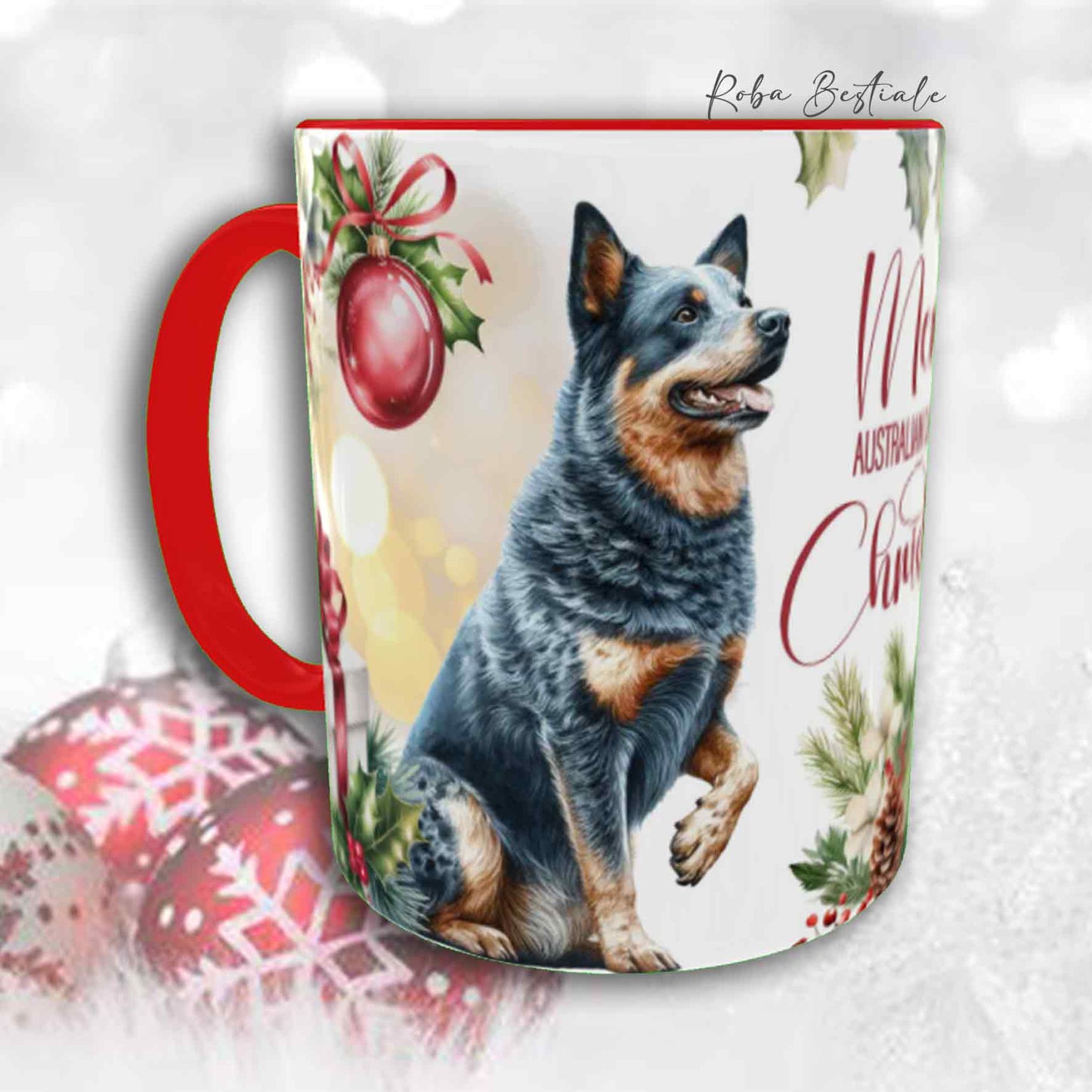 Tazza VINTAGE WINTER - AUSTRALIAN CATTLE DOG Blue - In Ceramica, con dettagli Rossi - 330 ml