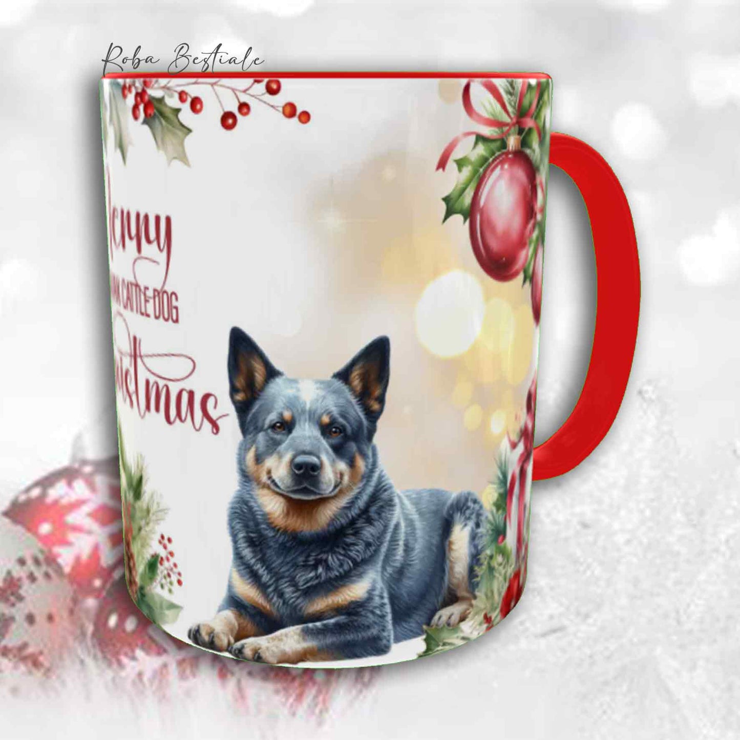 Tazza VINTAGE WINTER - AUSTRALIAN CATTLE DOG Blue - In Ceramica, con dettagli Rossi - 330 ml