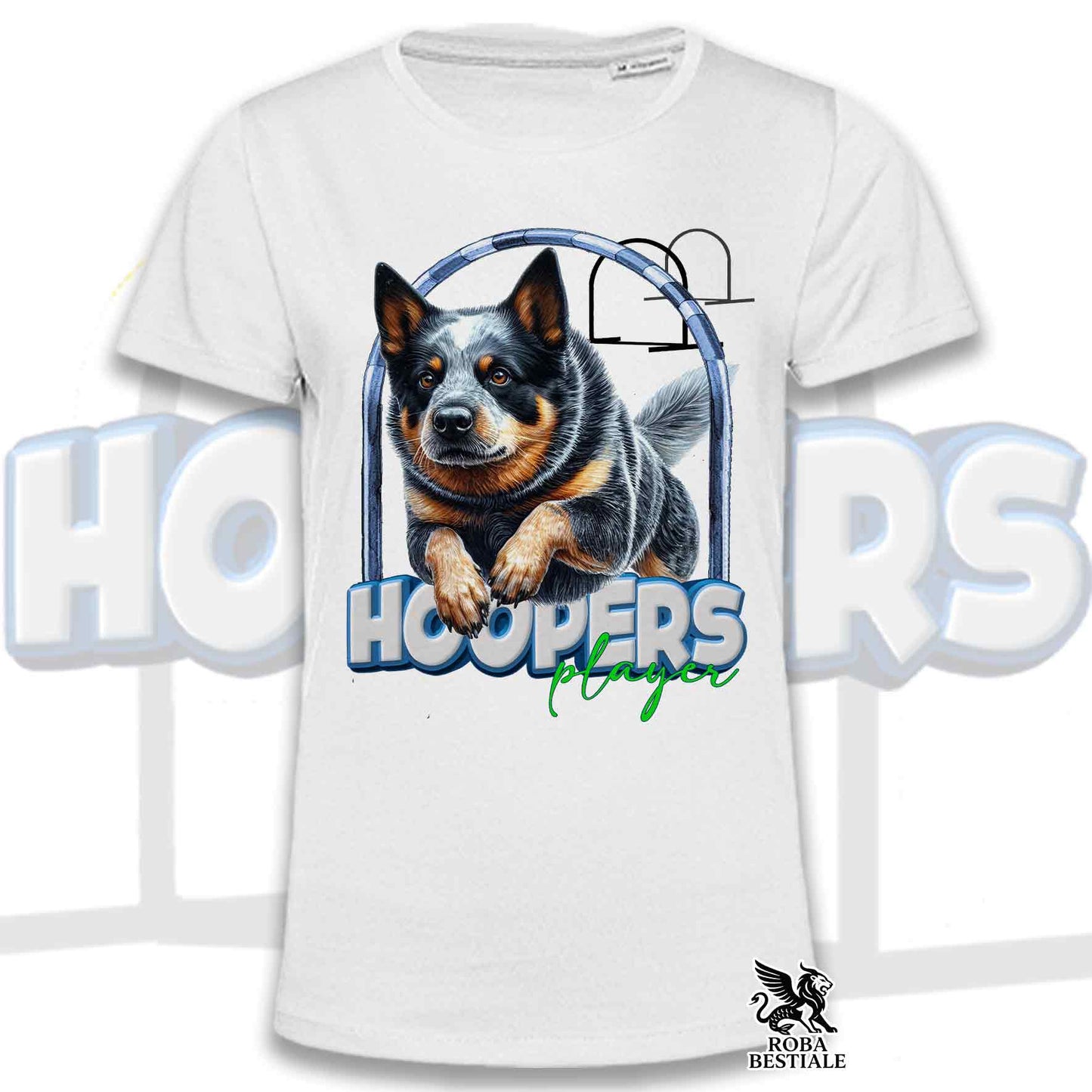 T-Shirt HOOPERS Player - AUSTRALIAN CATTLE DOG Blue - Bianca o Beige, da Uomo o da Donna - dalla XS alla 5XL