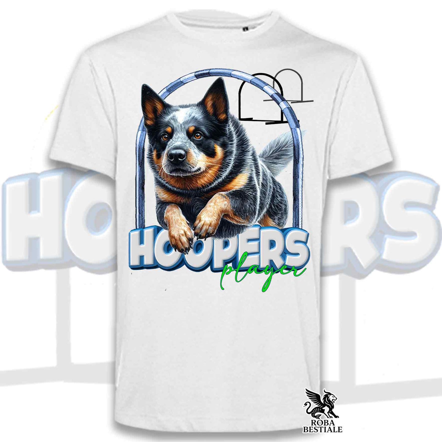 T-Shirt HOOPERS Player - AUSTRALIAN CATTLE DOG Blue - Bianca o Beige, da Uomo o da Donna - dalla XS alla 5XL