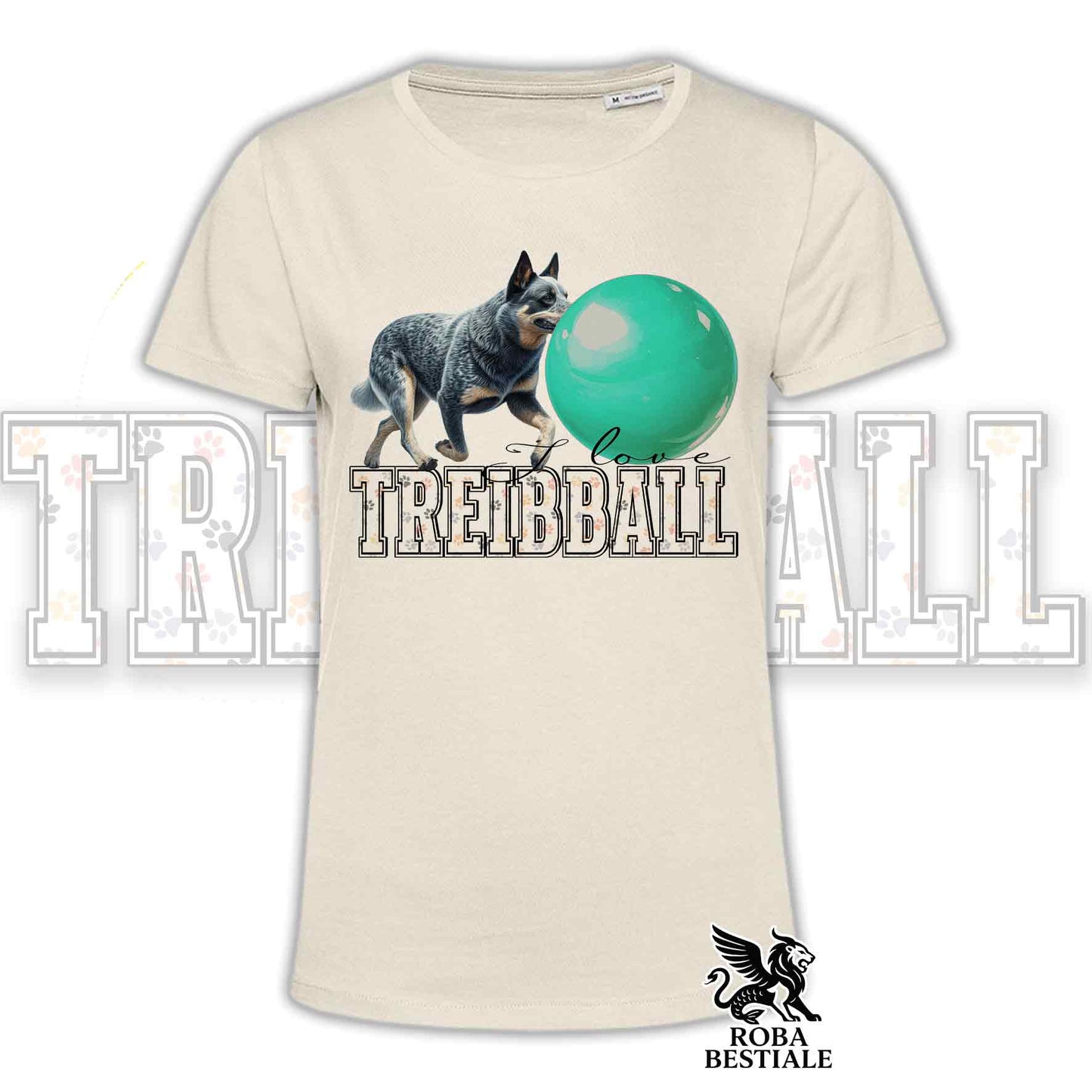 T-Shirt I LOVE TREIBBALL Azzurra - AUSTRALIAN CATTLE DOG Blue - Bianca o Beige, da Uomo o da Donna - dalla XS alla 5XL