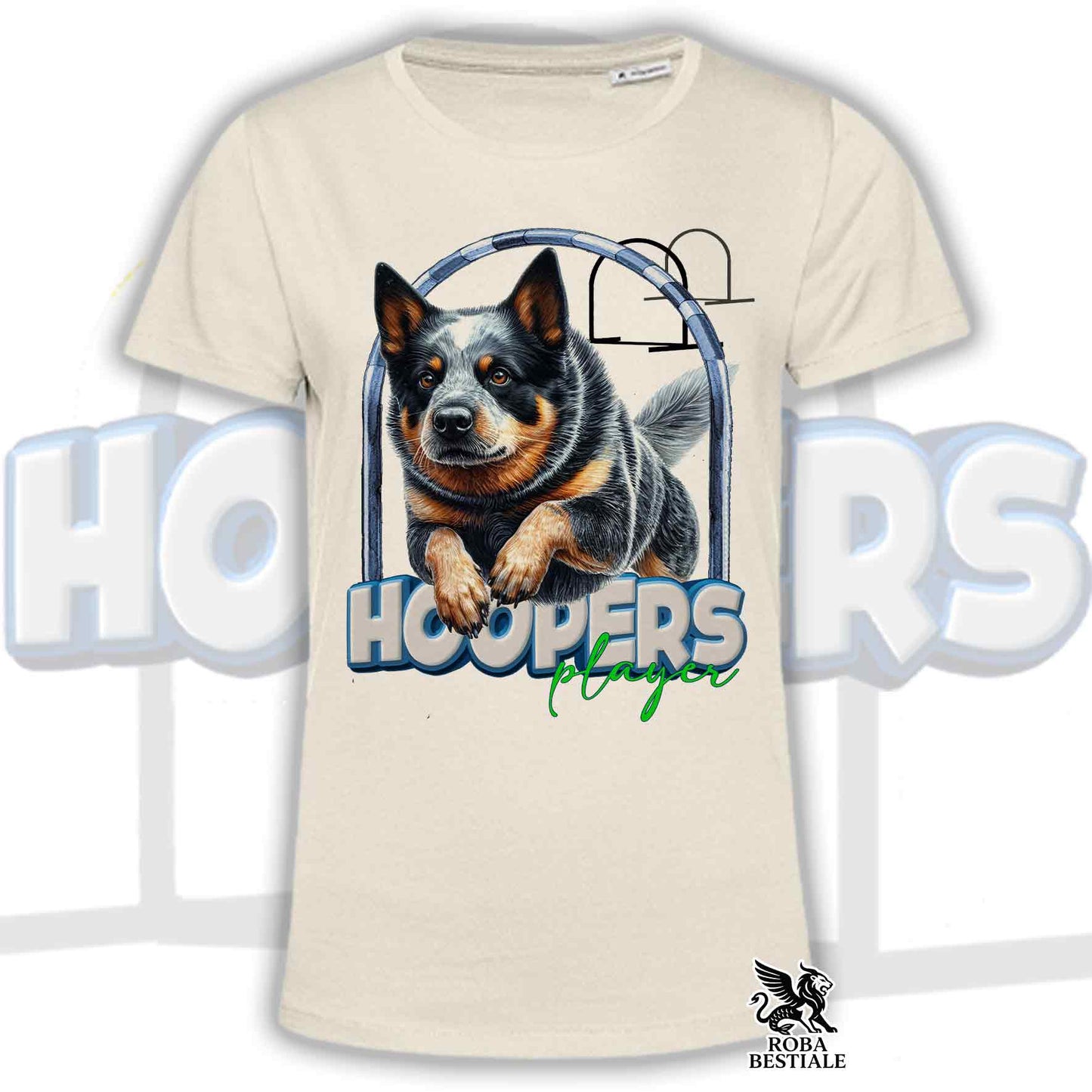 T-Shirt HOOPERS Player - AUSTRALIAN CATTLE DOG Blue - Bianca o Beige, da Uomo o da Donna - dalla XS alla 5XL