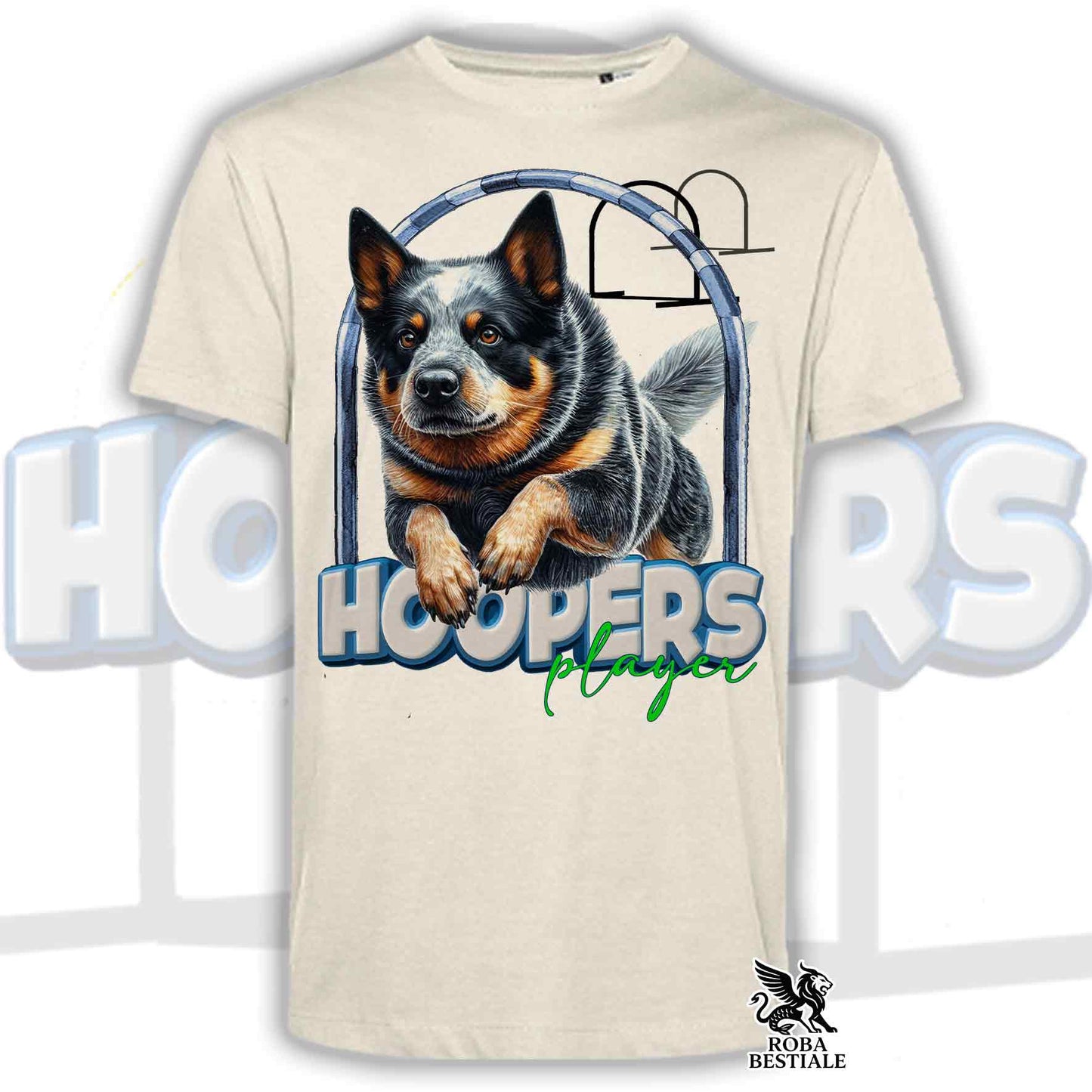 T-Shirt HOOPERS Player - AUSTRALIAN CATTLE DOG Blue - Bianca o Beige, da Uomo o da Donna - dalla XS alla 5XL