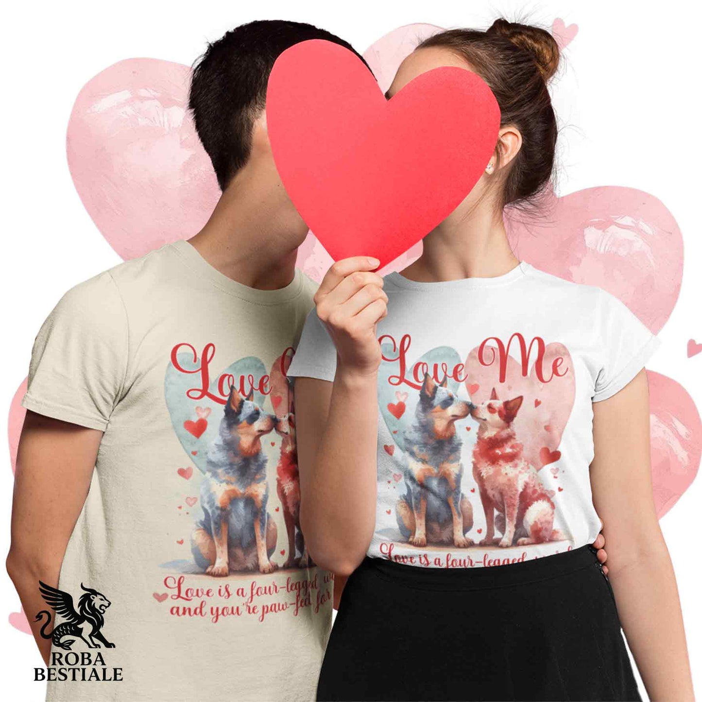T-shirt LOVE ME - AUSTRALIAN CATTLE DOG Blue + Red - Bianca o Beige, Uomo o Donna - dalla XS alla 5XL