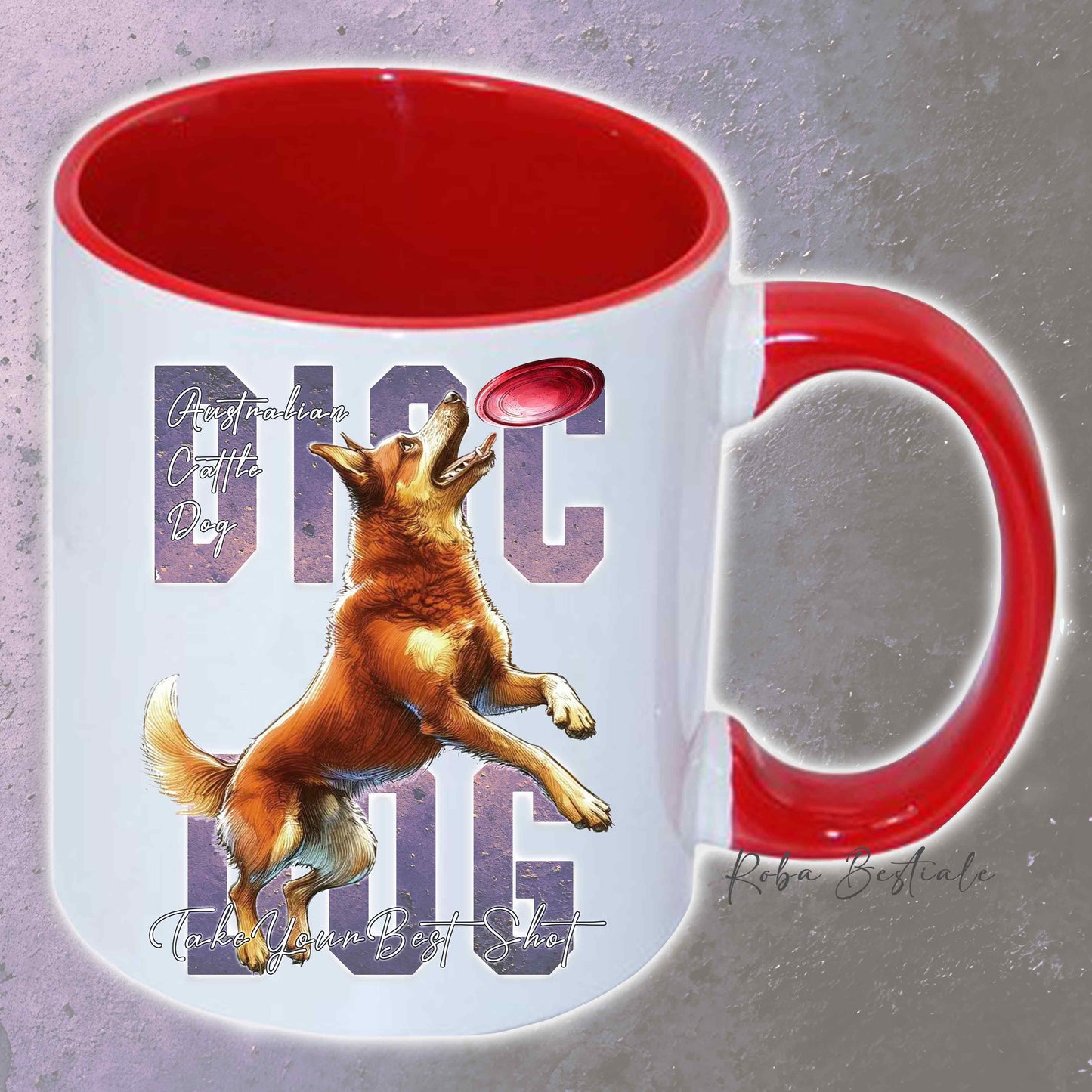 Tazza APTITUDE - DISC DOG - AUSTRALIAN CATTLE DOG Red - In Ceramica, con manico e interno colorato - 330 ml