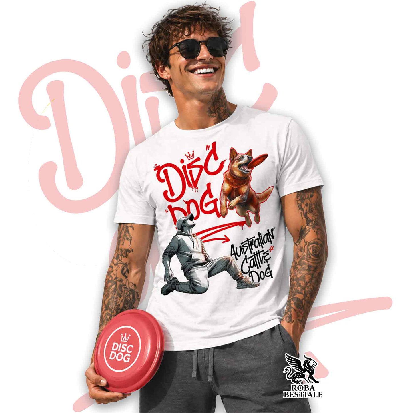 T-Shirt DISC DOG Graffiti "BOY" - AUSTRALIAN CATTLE DOG Red - Bianca, colore dettagli a scelta - dalla XS alla 5XL