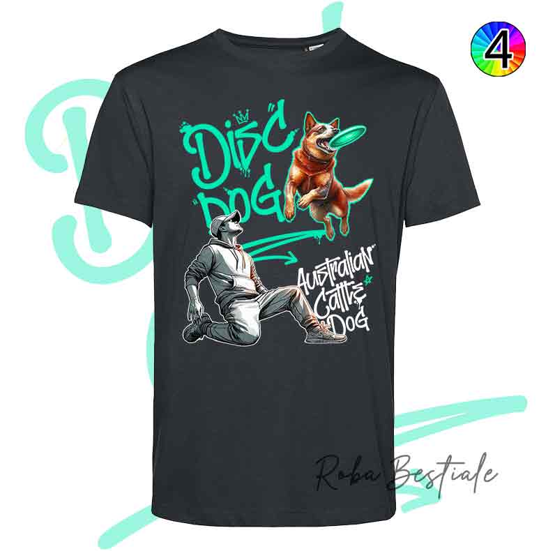 T-Shirt NERA Disc Dog GRAFFITI - AUSTRALIAN CATTLE DOG Red - Design "BOY" - Dettagli in 4 colori!