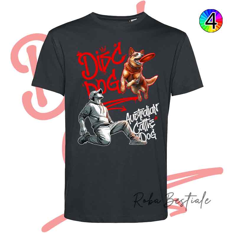 T-Shirt NERA Disc Dog GRAFFITI - AUSTRALIAN CATTLE DOG Red - Design "BOY" - Dettagli in 4 colori!