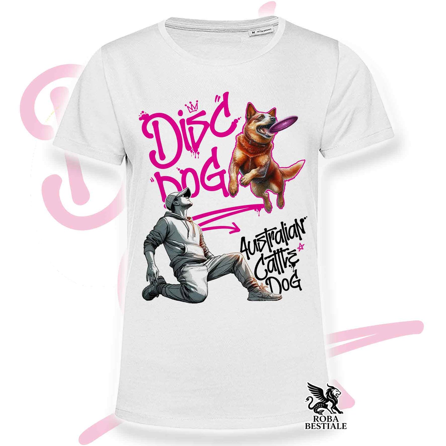 T-Shirt DISC DOG Graffiti "BOY" - AUSTRALIAN CATTLE DOG Red - Bianca, colore dettagli a scelta - dalla XS alla 5XL