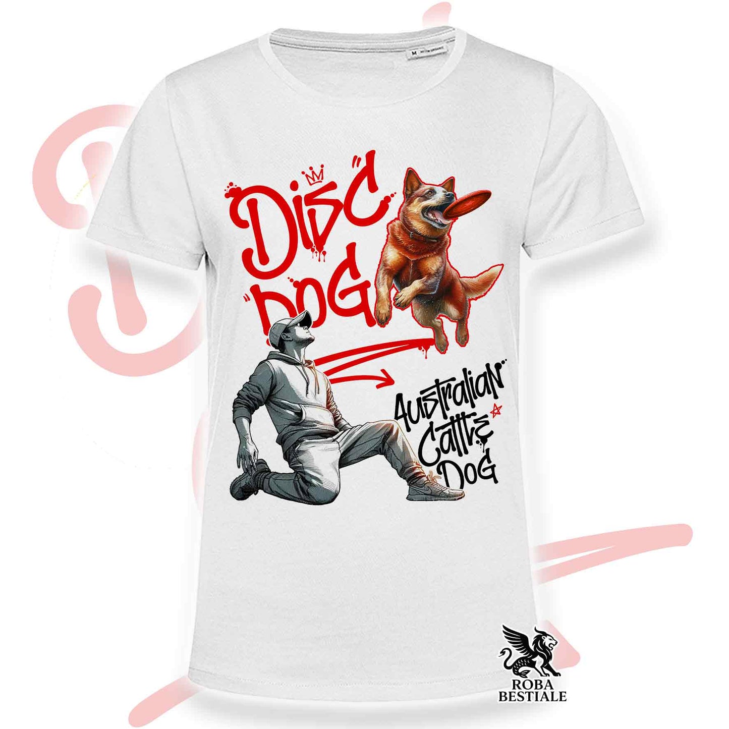 T-Shirt DISC DOG Graffiti "BOY" - AUSTRALIAN CATTLE DOG Red - Bianca, colore dettagli a scelta - dalla XS alla 5XL