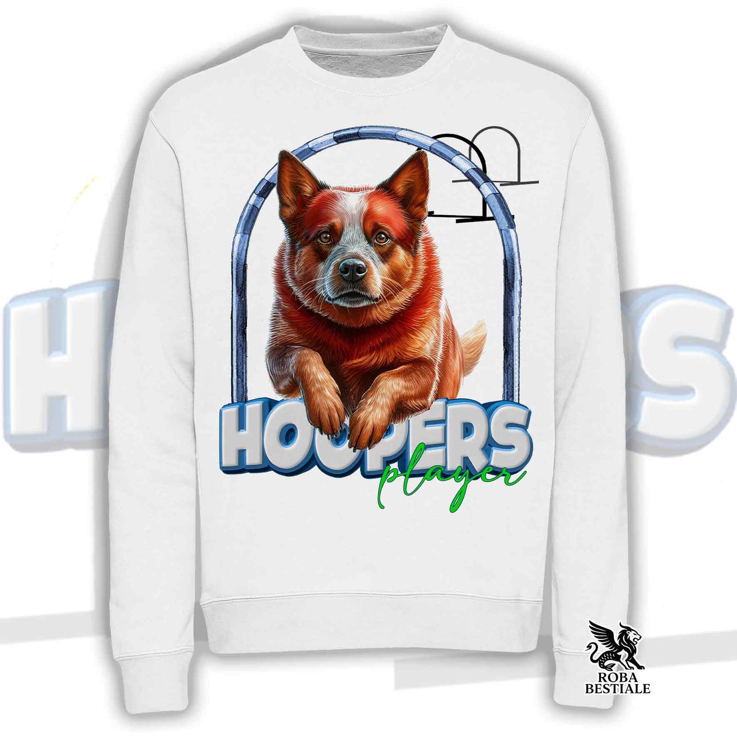 Felpa HOOPERS Player - AUSTRALIAN CATTLE DOG Red - Girocollo, Unisex - Bianca o Beige - dalla XS alla 3XL