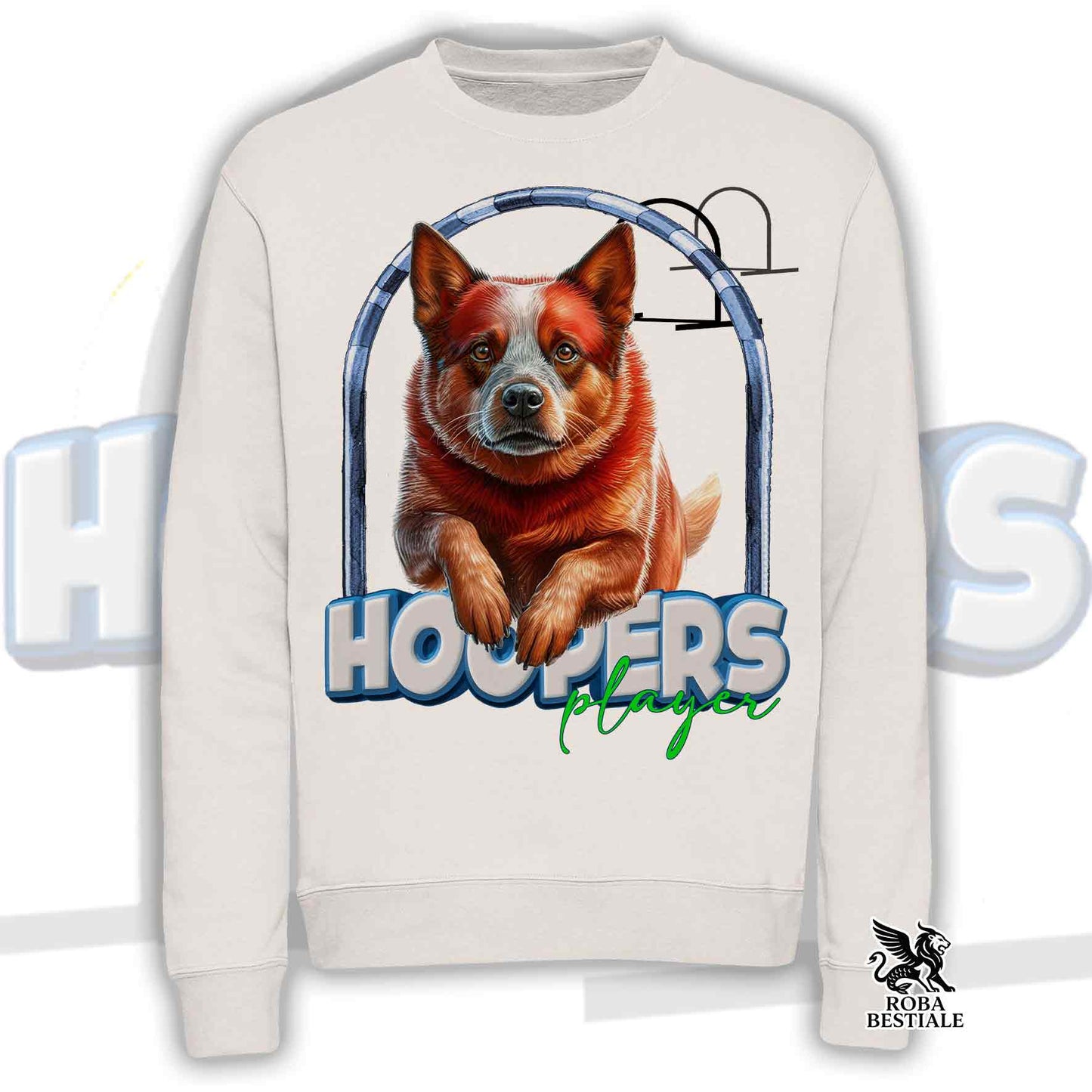 Felpa HOOPERS Player - AUSTRALIAN CATTLE DOG Red - Girocollo, Unisex - Bianca o Beige - dalla XS alla 3XL