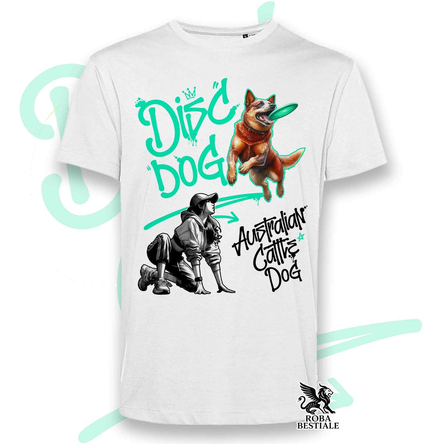 T-Shirt DISC DOG Graffiti "GIRL" - AUSTRALIAN CATTLE DOG Red - Bianca, colore dettagli a scelta - dalla XS alla 5XL