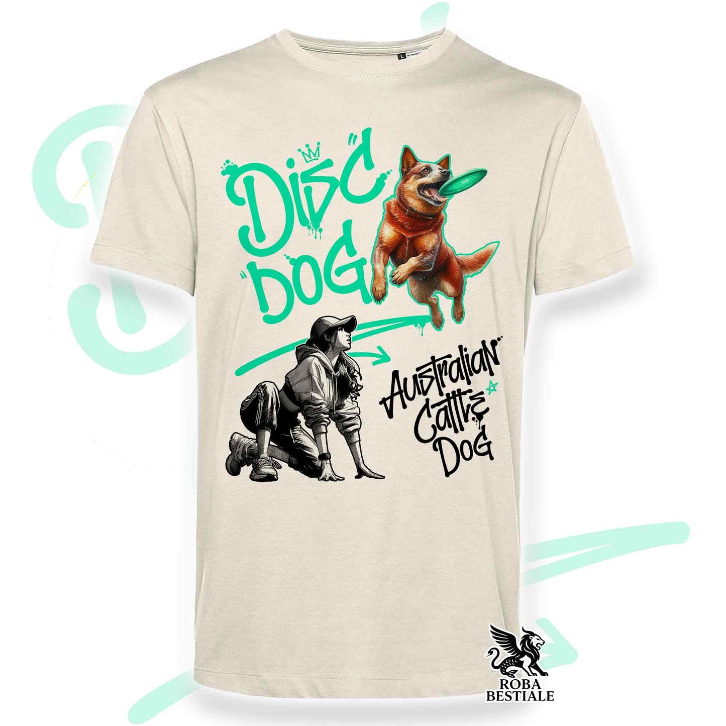 T-Shirt DISC DOG Graffiti "GIRL" - AUSTRALIAN CATTLE DOG Red - Off White, colore dettagli a scelta - dalla XS alla 2XL