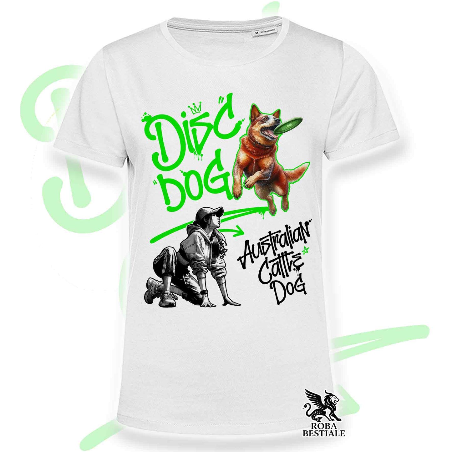 T-Shirt DISC DOG Graffiti "GIRL" - AUSTRALIAN CATTLE DOG Red - Bianca, colore dettagli a scelta - dalla XS alla 5XL