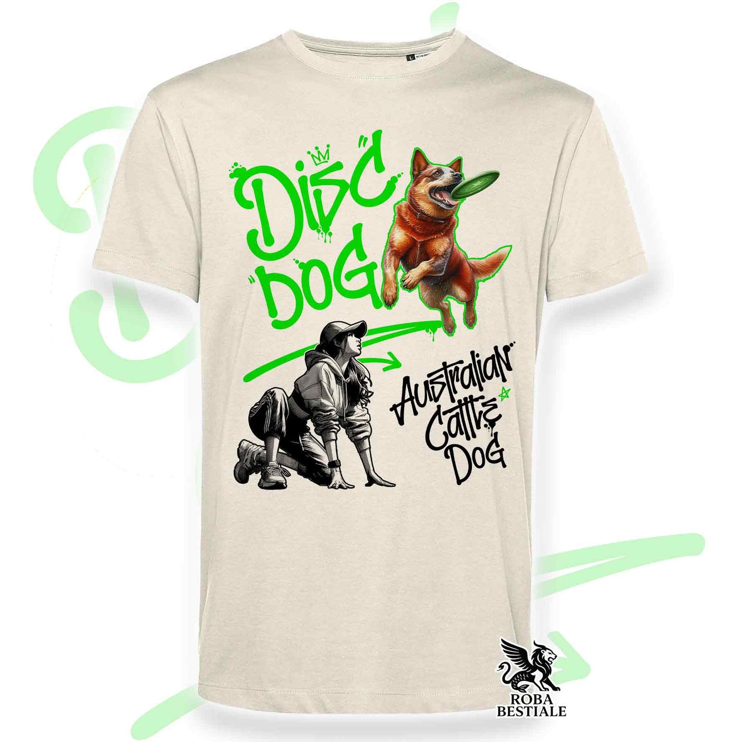 T-Shirt DISC DOG Graffiti "GIRL" - AUSTRALIAN CATTLE DOG Red - Off White, colore dettagli a scelta - dalla XS alla 2XL