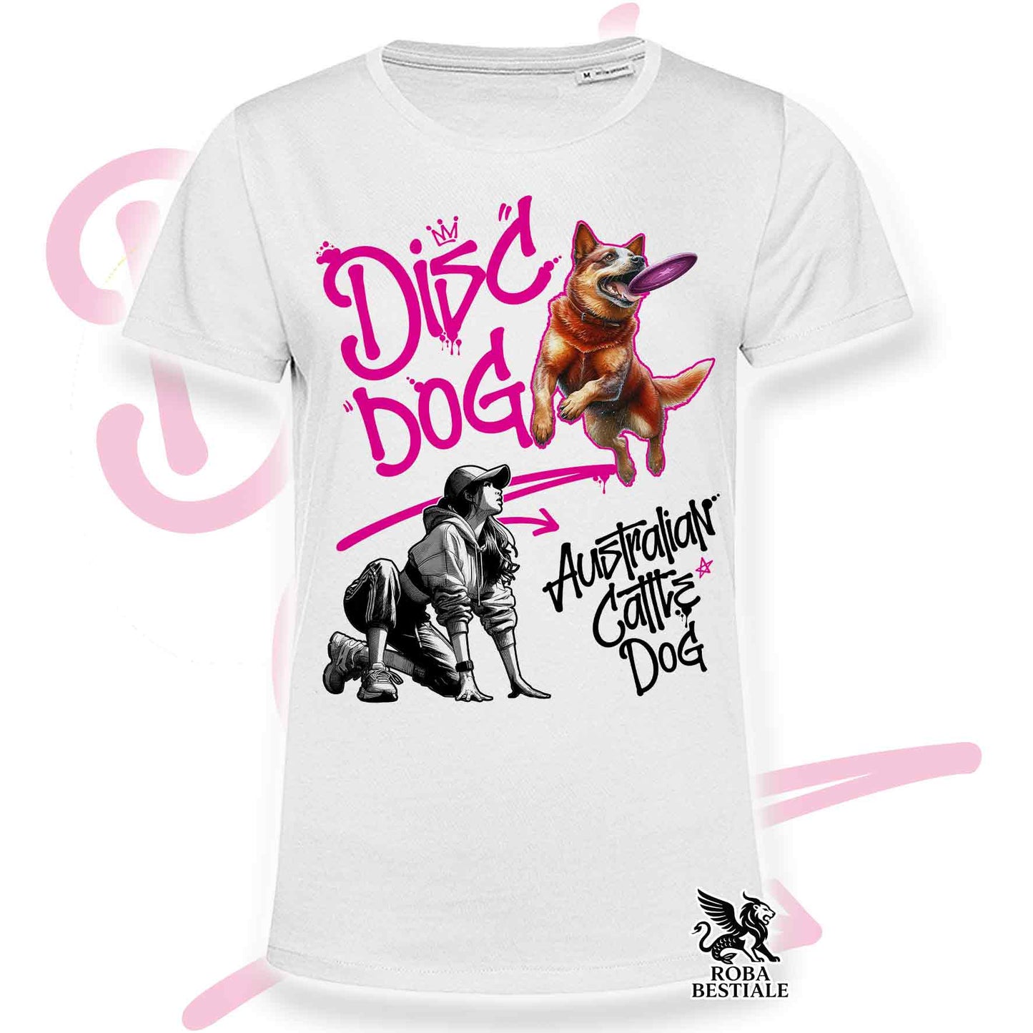 T-Shirt DISC DOG Graffiti "GIRL" - AUSTRALIAN CATTLE DOG Red - Bianca, colore dettagli a scelta - dalla XS alla 5XL