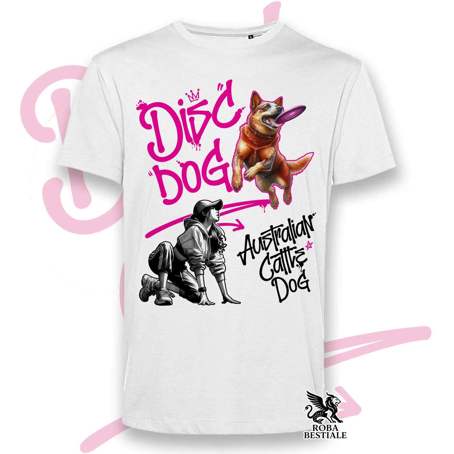 T-Shirt DISC DOG Graffiti "GIRL" - AUSTRALIAN CATTLE DOG Red - Bianca, colore dettagli a scelta - dalla XS alla 5XL