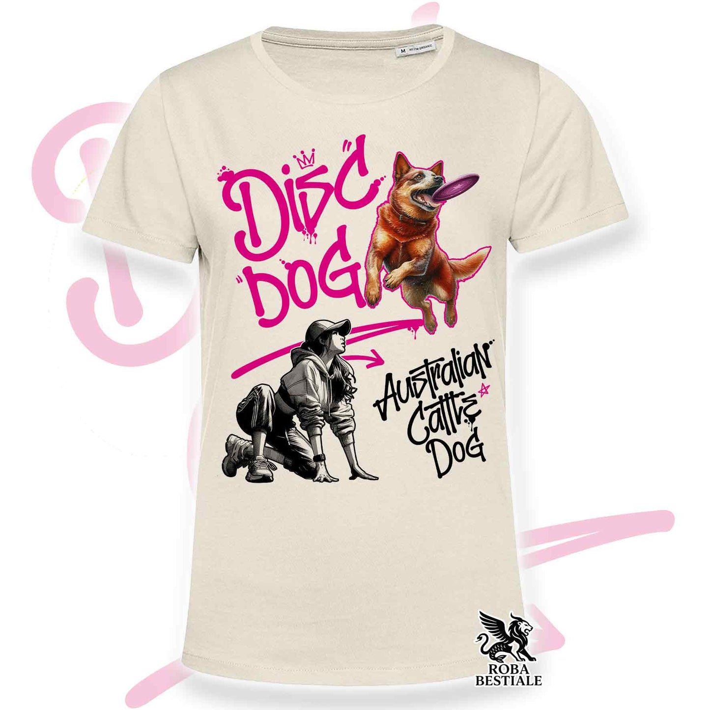 T-Shirt DISC DOG Graffiti "GIRL" - AUSTRALIAN CATTLE DOG Red - Off White, colore dettagli a scelta - dalla XS alla 2XL