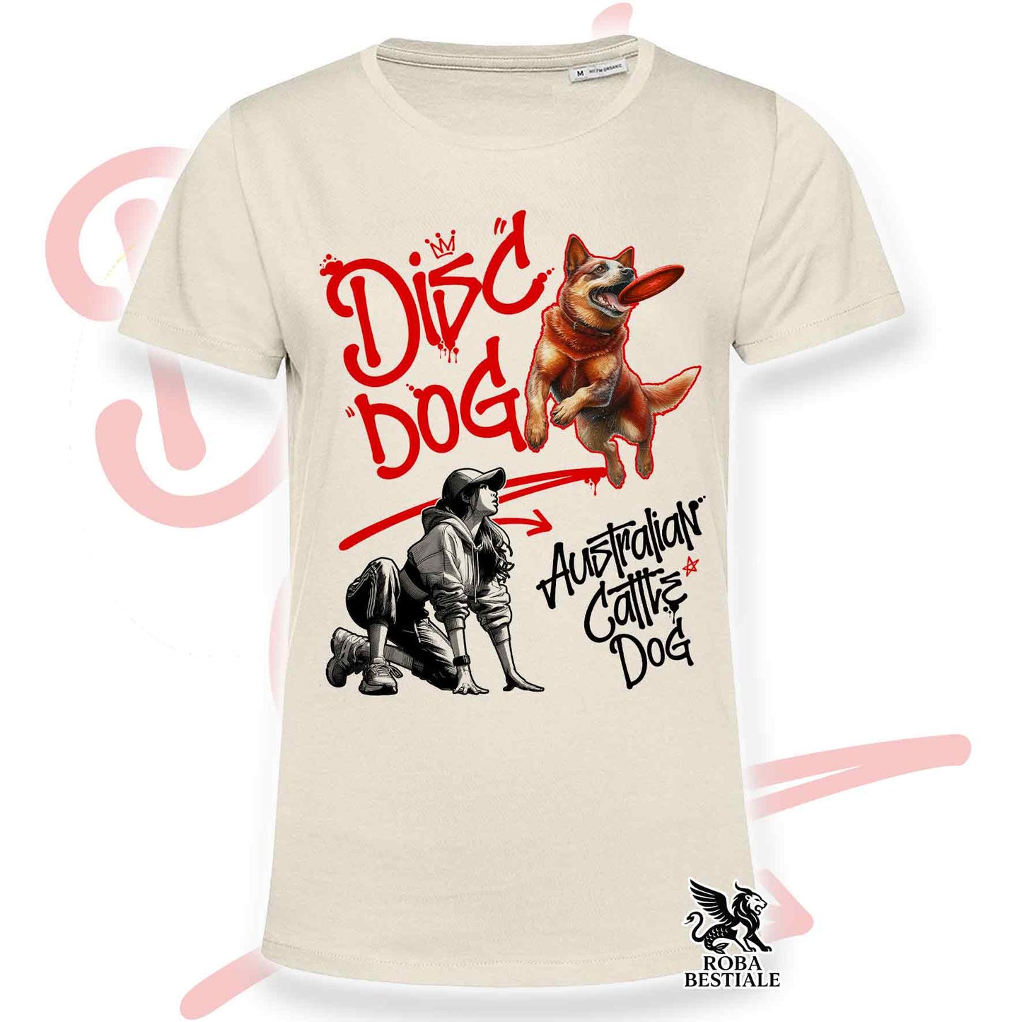 T-Shirt DISC DOG Graffiti "GIRL" - AUSTRALIAN CATTLE DOG Red - Off White, colore dettagli a scelta - dalla XS alla 2XL