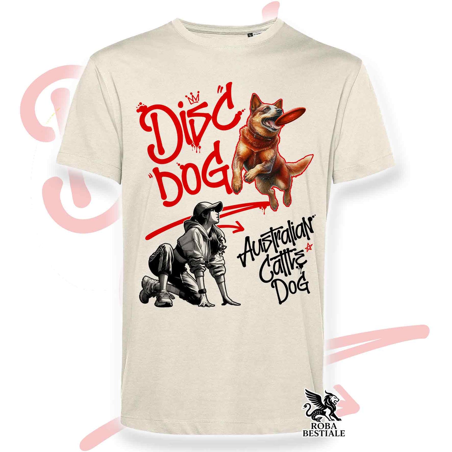 T-Shirt DISC DOG Graffiti "GIRL" - AUSTRALIAN CATTLE DOG Red - Off White, colore dettagli a scelta - dalla XS alla 2XL
