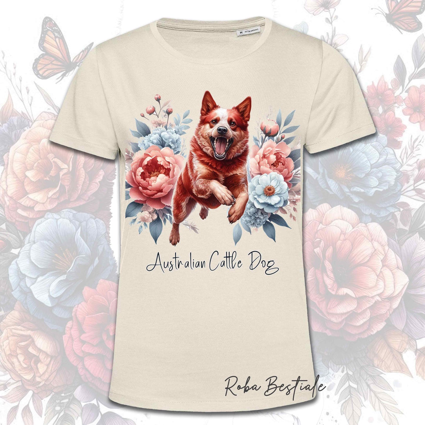 T-Shirt PEONY - AUSTRALIAN CATTLE DOG Red - Bianca o Beige, Uomo o Donna - dalla XS alla 5XL