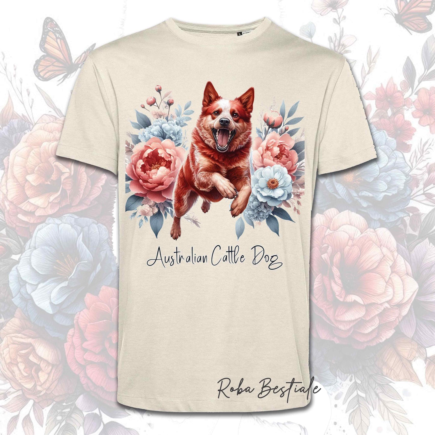 T-Shirt PEONY - AUSTRALIAN CATTLE DOG Red - Bianca o Beige, Uomo o Donna - dalla XS alla 5XL