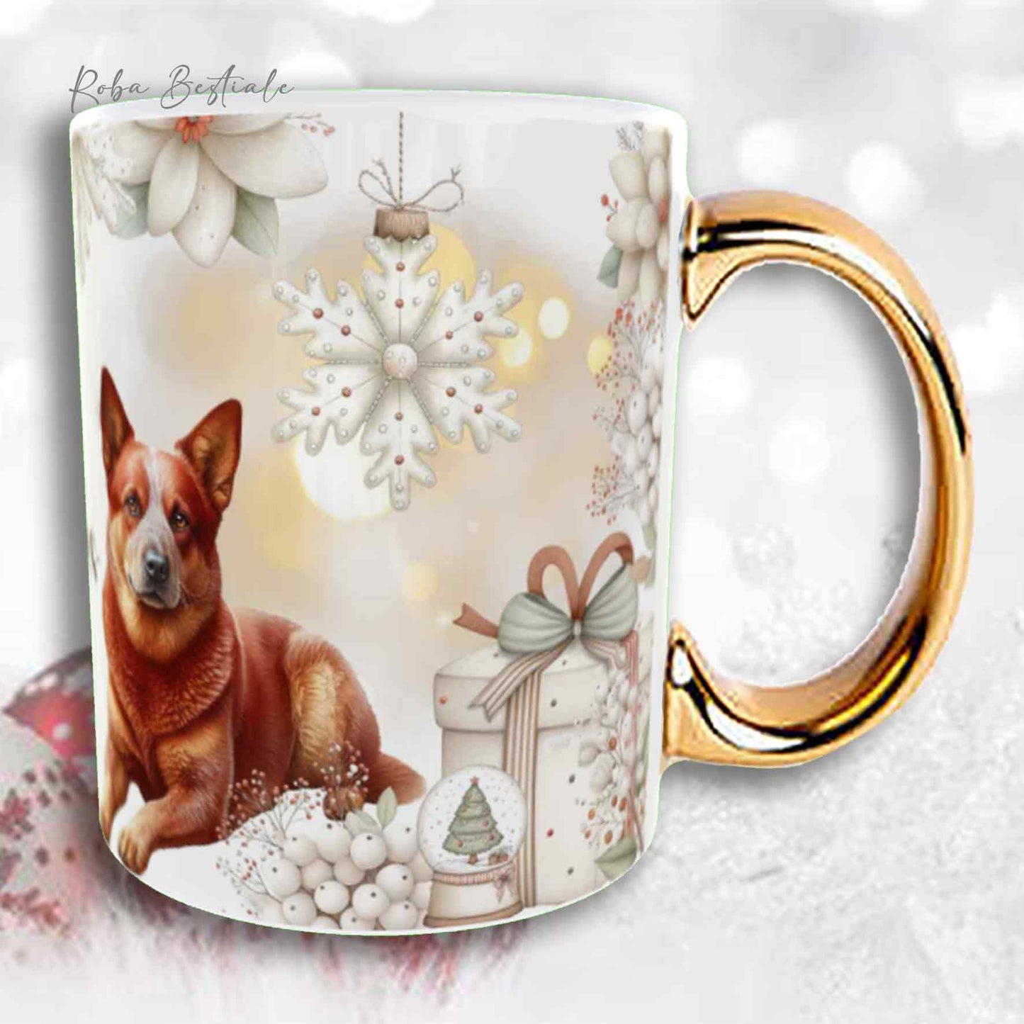 Tazza COZY WINTER - AUSTRALIAN CATTLE DOG Red - In Ceramica, con manico color Oro - 330 ml