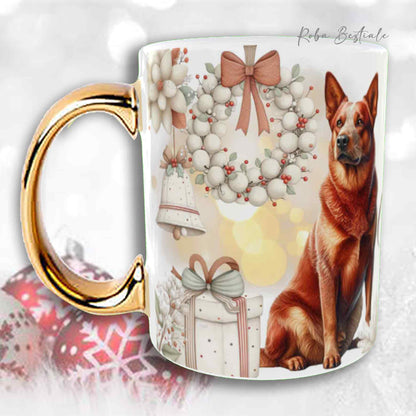 Tazza COZY WINTER - AUSTRALIAN CATTLE DOG Red - In Ceramica, con manico color Oro - 330 ml