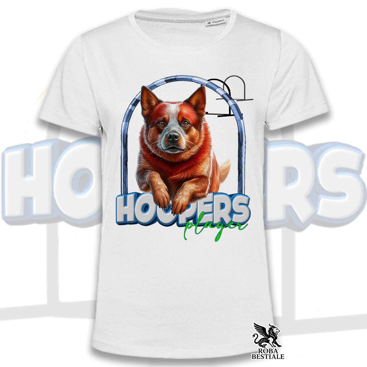 T-Shirt HOOPERS Player - AUSTRALIAN CATTLE DOG Red - Bianca o Beige, da Uomo o da Donna - dalla XS alla 5XL
