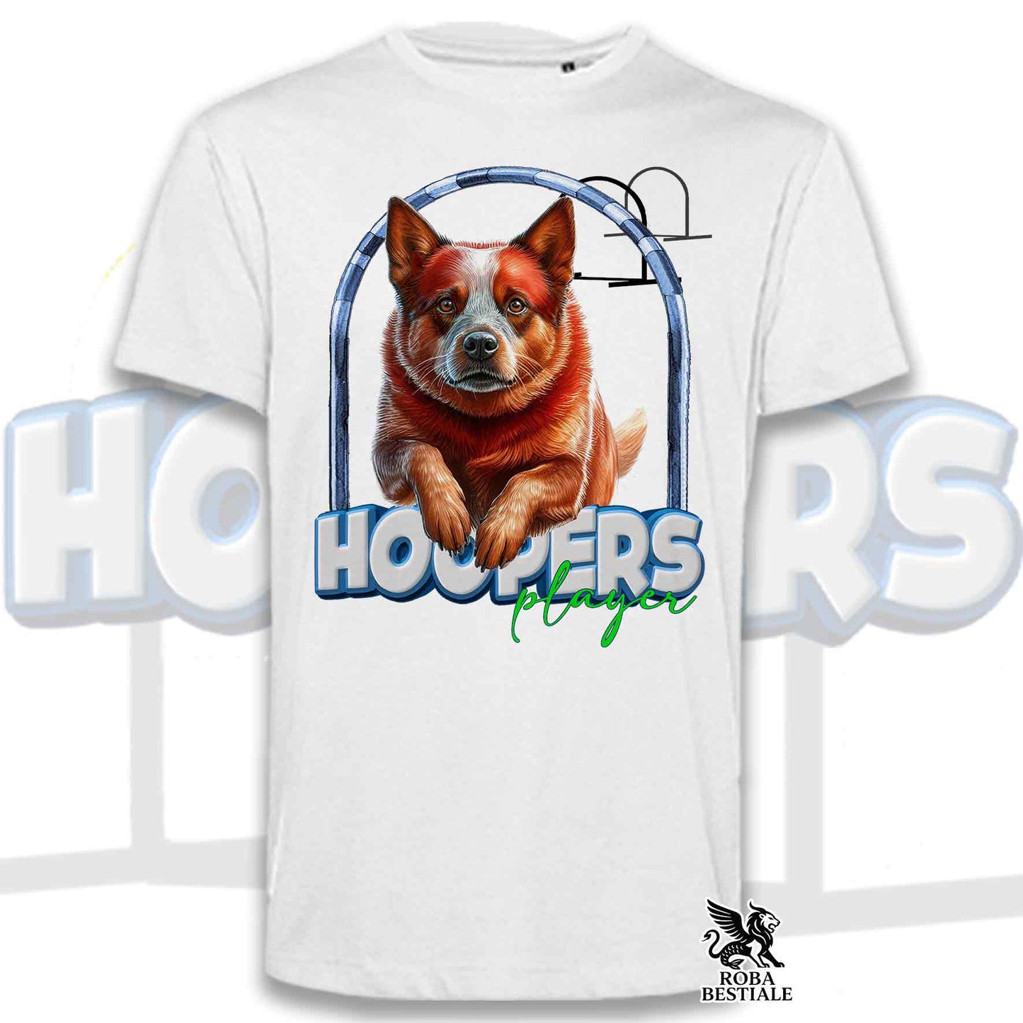 T-Shirt HOOPERS Player - AUSTRALIAN CATTLE DOG Red - Bianca o Beige, da Uomo o da Donna - dalla XS alla 5XL