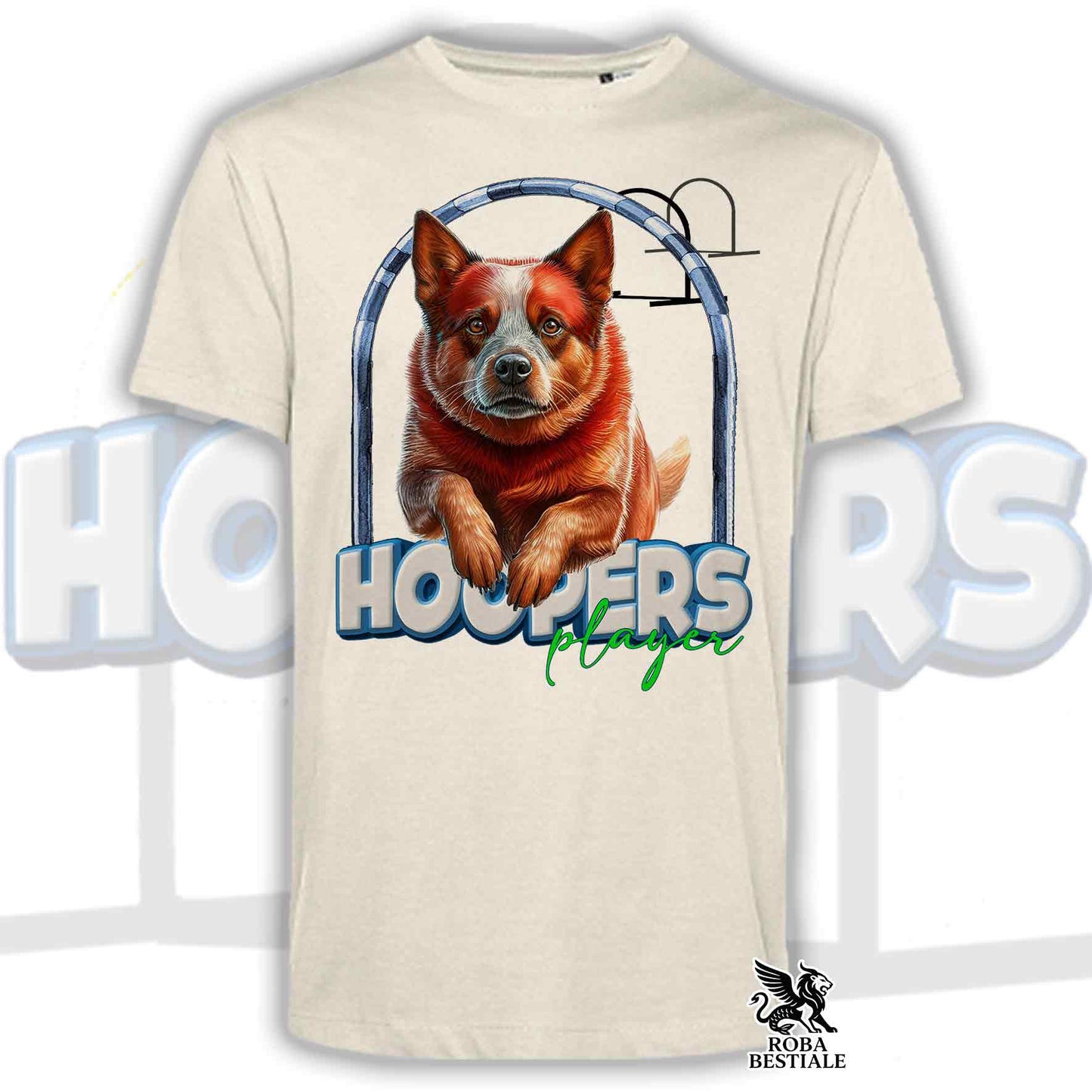 T-Shirt HOOPERS Player - AUSTRALIAN CATTLE DOG Red - Bianca o Beige, da Uomo o da Donna - dalla XS alla 5XL