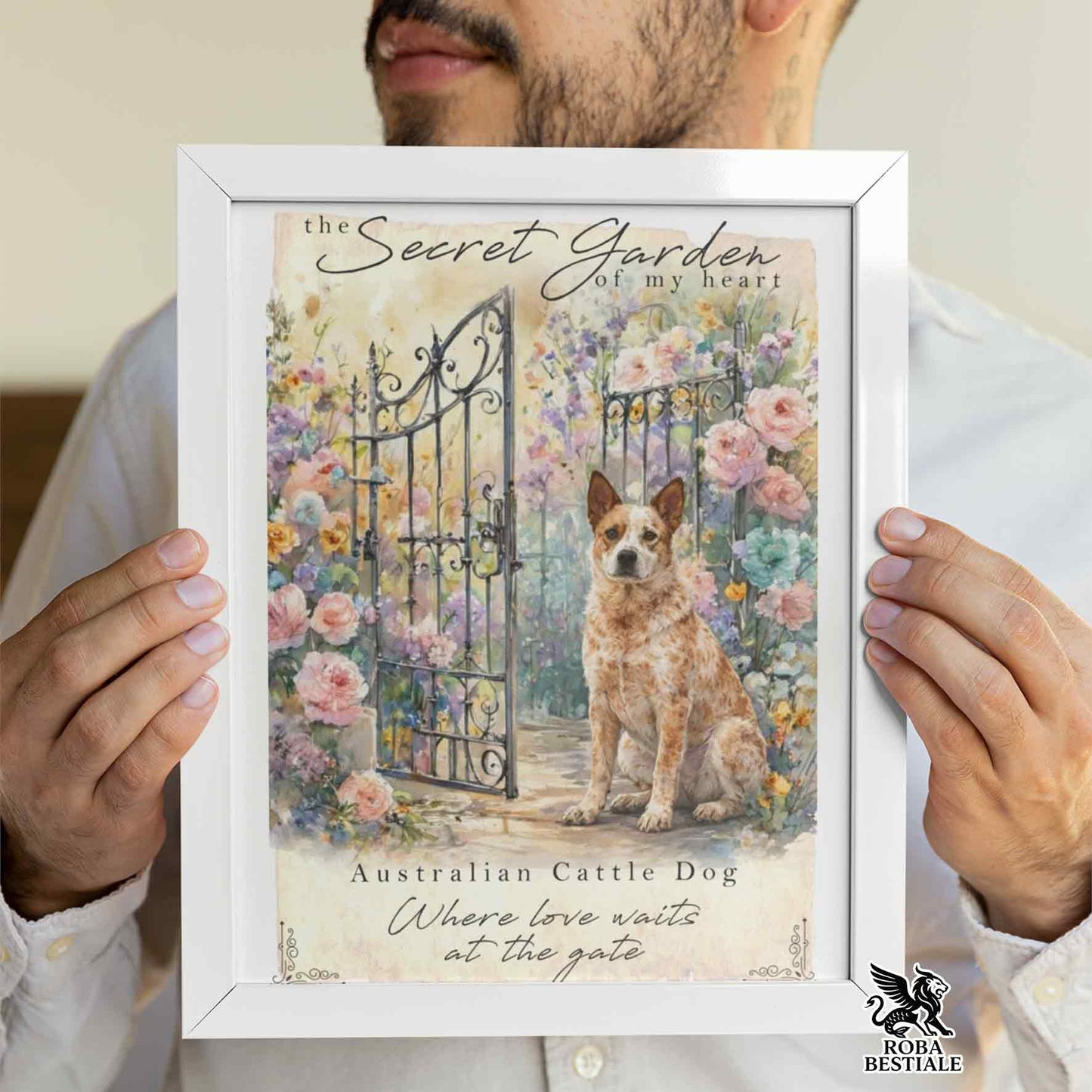 Quadretto SECRET GARDEN - AUSTRALIAN CATTLE DOG Red - Con cornice in legno, formato A4
