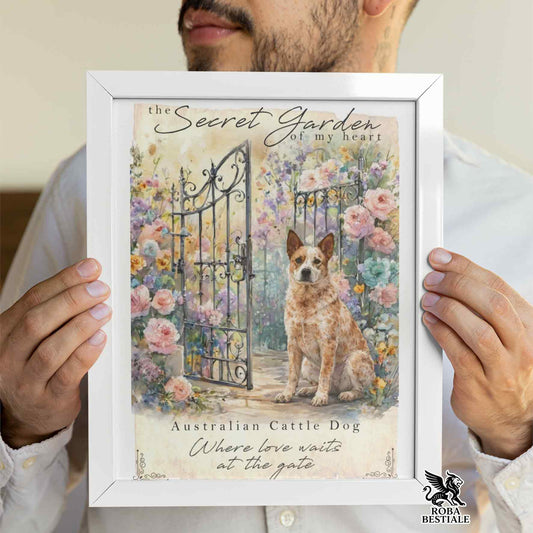Quadretto SECRET GARDEN - AUSTRALIAN CATTLE DOG Red - Con cornice in legno, formato A4