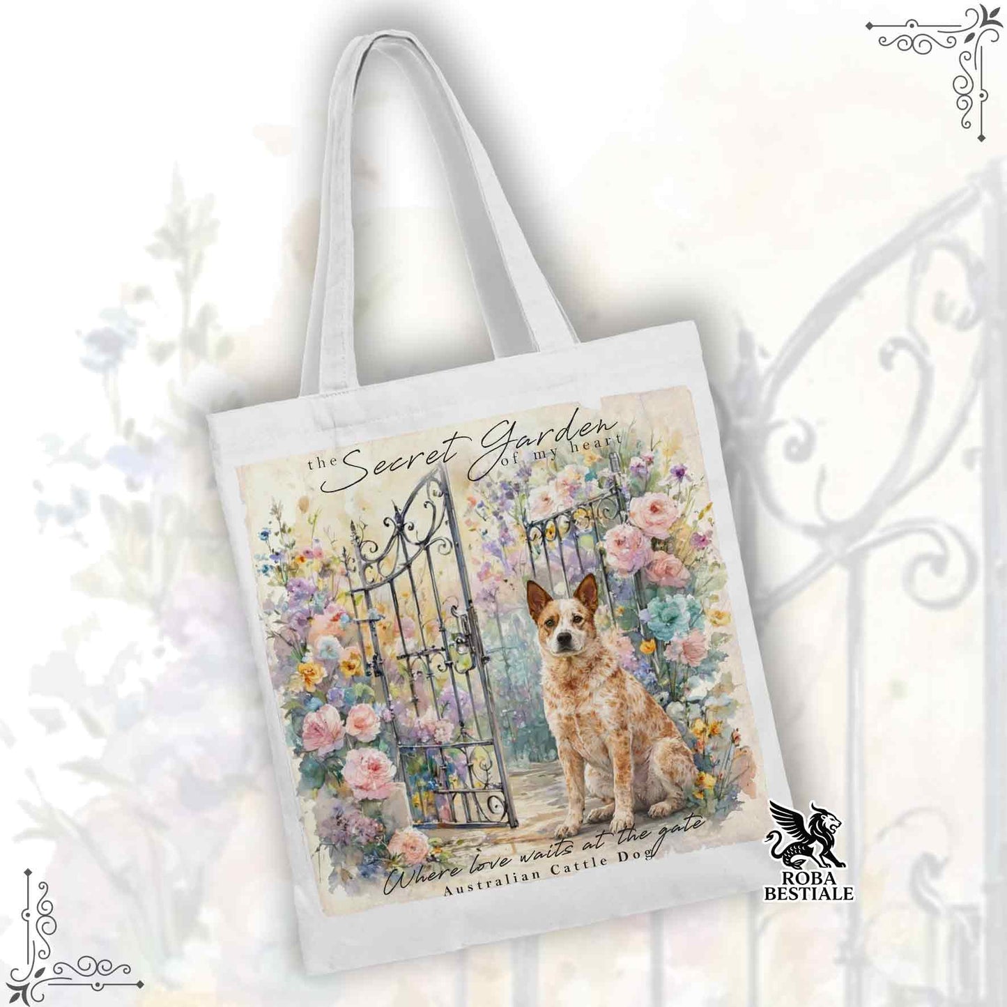 Tote Bag SECRET GARDEN - AUSTRALIAN CATTLE DOG Red - 100% Cotone - Bianca o Beige